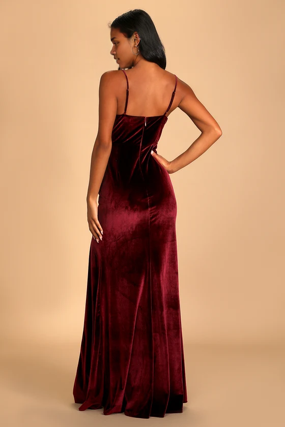 Vestidos formales Weitese para mujer, tirantes finos, terciopelo color vino, cuello vuelto, abertura, vestido largo tipo sirena, tiendas de vestidos de fiesta.